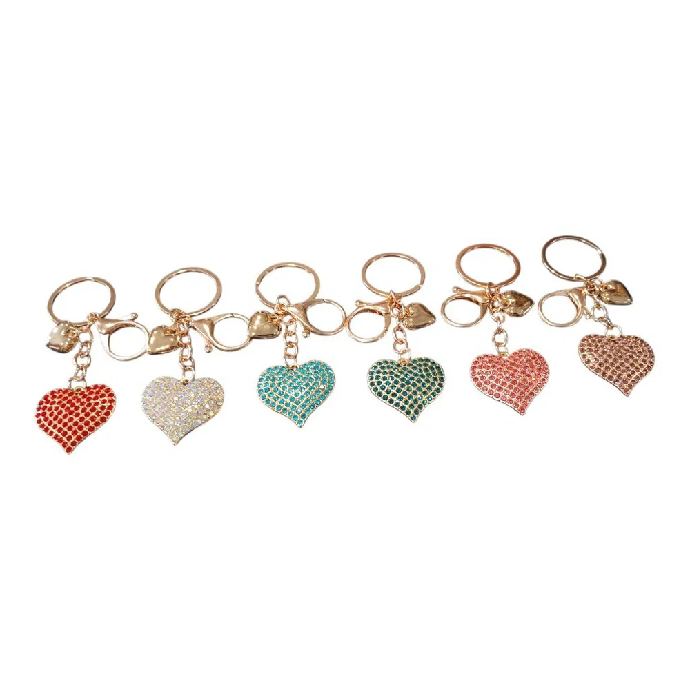 SET Of 6! Dazzling Rhinestone Heart Keychain Purse Charm Gold Tone